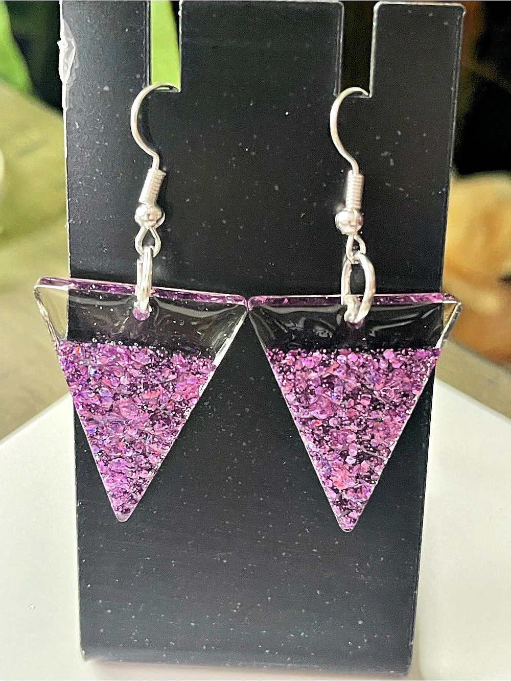 Purple Glitter Triangle Drop Earrings